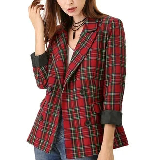 Allegra K Women's Jacket Notched Lapel Double Breasted Padded Shoulder Blazer XL Red Green