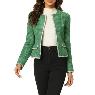 Allegra K Women's Plaid Tweed Open Front Office Short Blazer