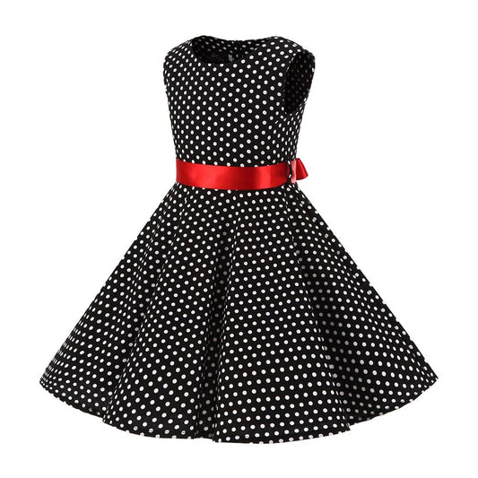 IBTOM CASTLE Kid Girls 50s Vintage Polka Dot Flower Swing Rockabilly Prom Party Tea Dress Audrey Wedding Formal Cocktail Evening Gown 4-5 Years Black + Red