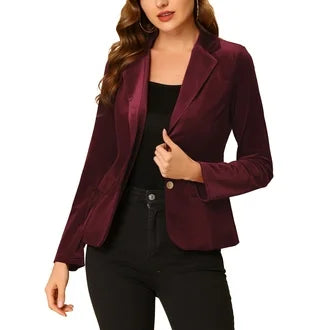 Allegra K Women's Vintage Notched Lapel Button Front Office Velvet Blazer L Dark Red