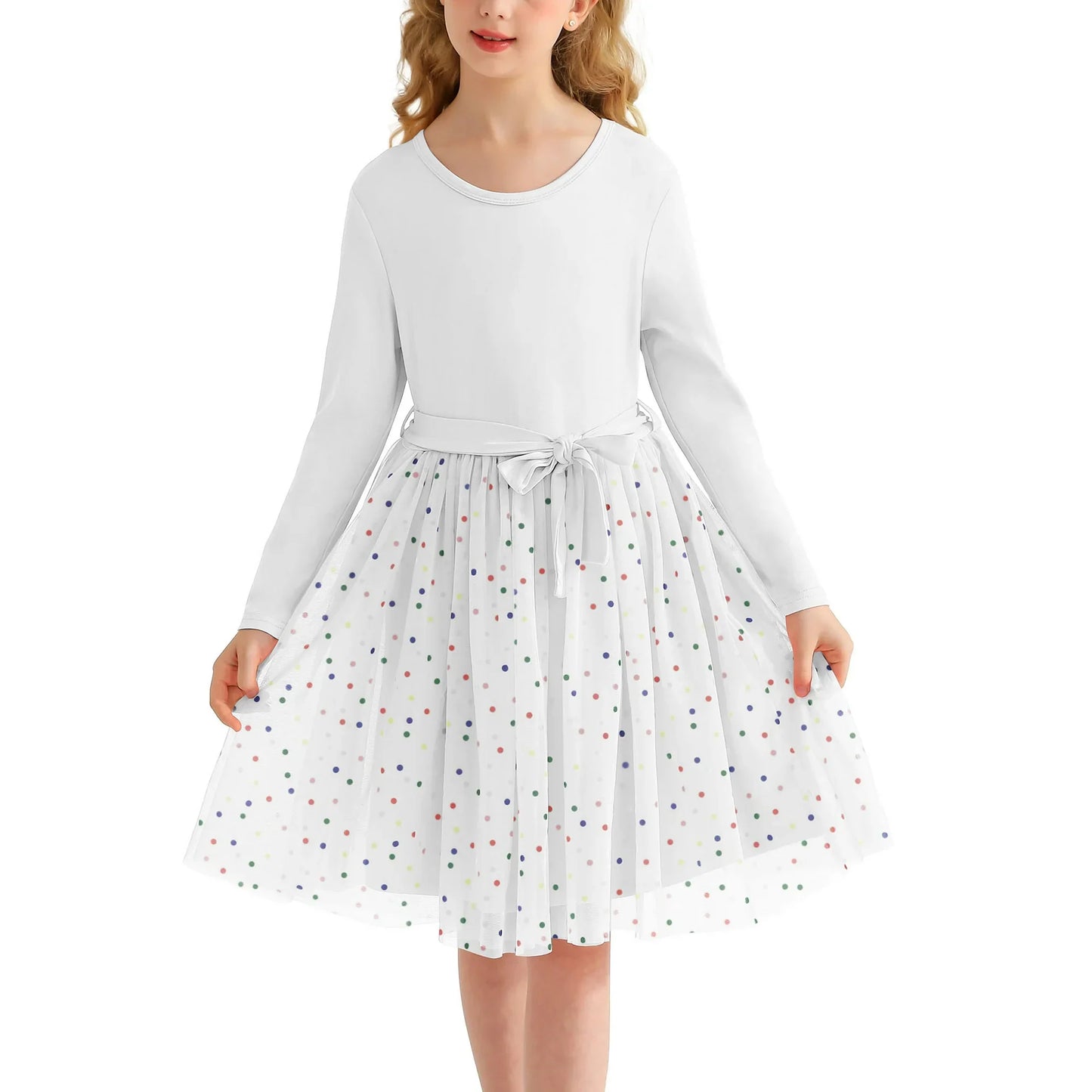Actgleam Girls Tutu Dress long Sleeves Tulle for Girl Dresses,White,7-8Years