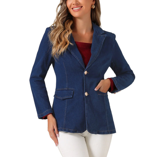 Allegra K Notched Lapel Blazer for Women's Denim Single Breasted