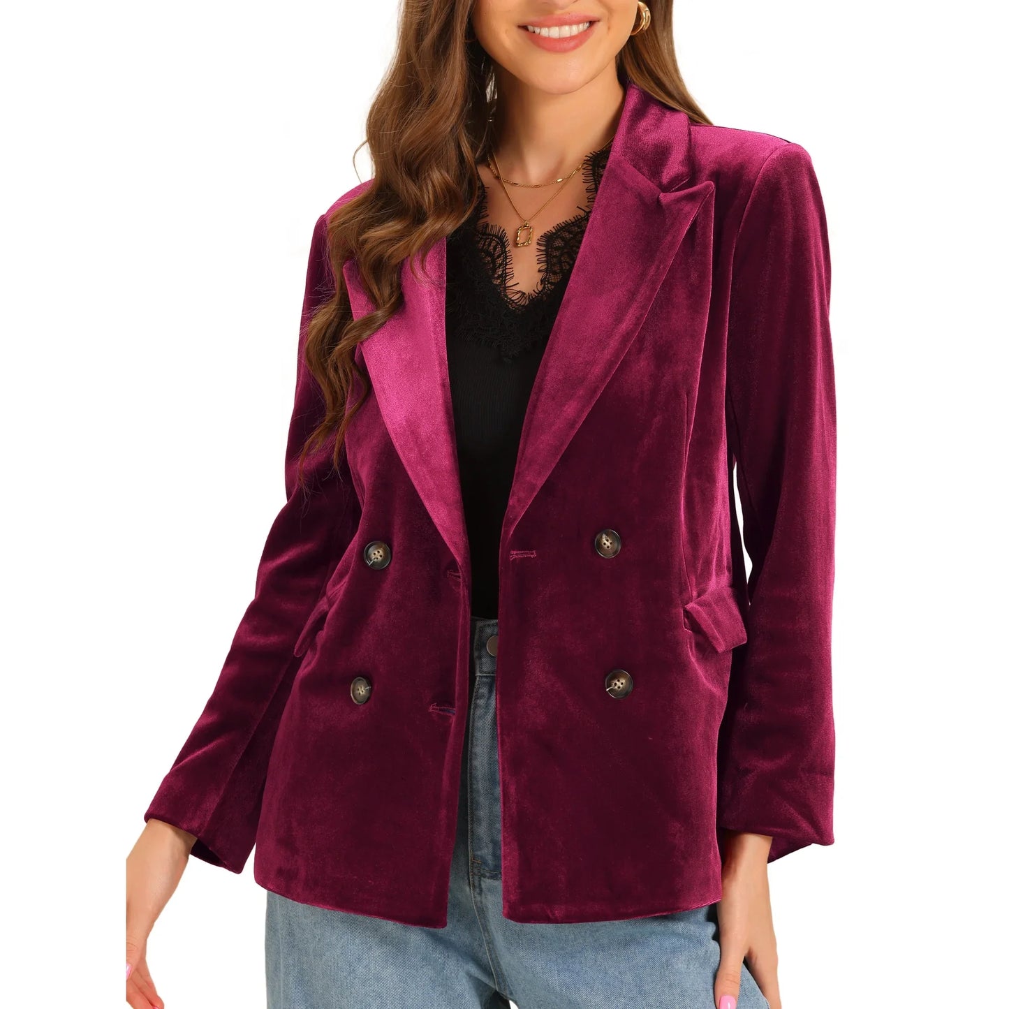 Allegra K Women's Notched Lapel Button Front Long Sleeve Double Breasted Velvet Blazer L Dark Red