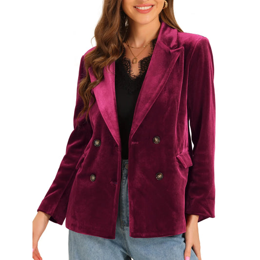 Allegra K Women's Notched Lapel Button Front Long Sleeve Double Breasted Velvet Blazer L Dark Red