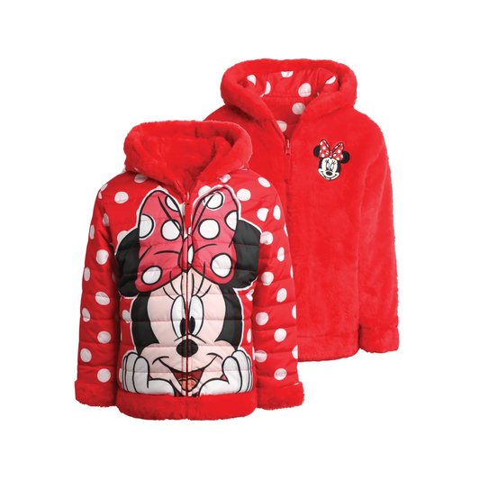 Disney Girls' Reversible Puffer Jacket – Princess, Minnie Mouse Quilted Jacket with Faux Fur (2T-16)