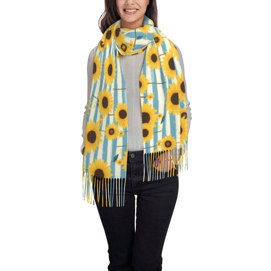 Qokaie Blue White Striped Sunflower A Print Scarf for Women